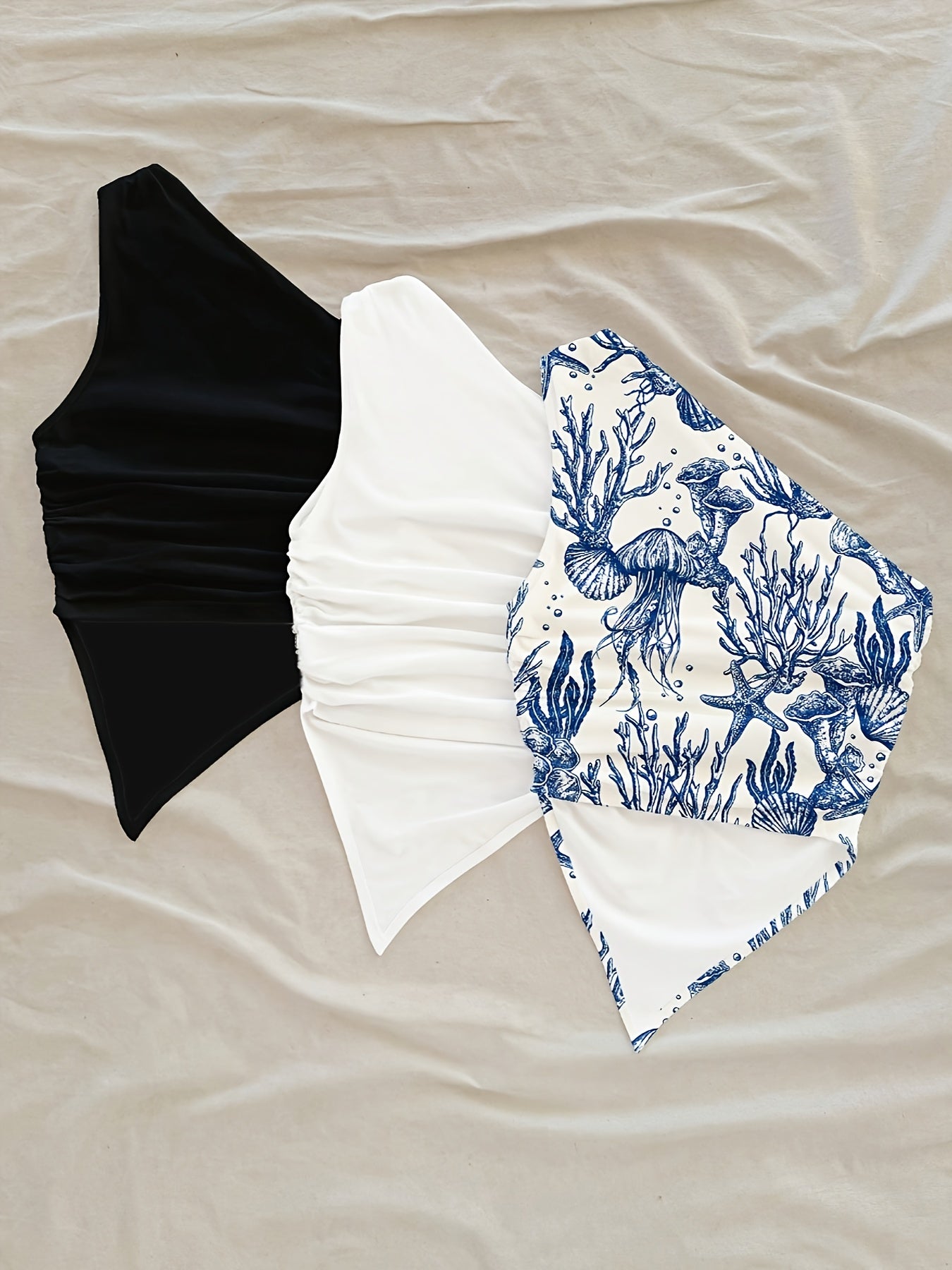 3pcs Casual Women's Shirt Set with Off-Shoulder Design, Asymmetrical Pleats and Ruffles Featuring Ocean Animals and Blue Print
